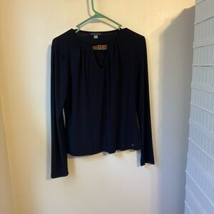 Tommy Hilfiger navy blue blouse w/ keyhole‎ opening an faux leather strap XS new